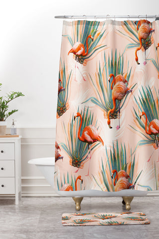 Marta Barragan Camarasa Flamingos pattern with cactus Shower Curtain And Mat