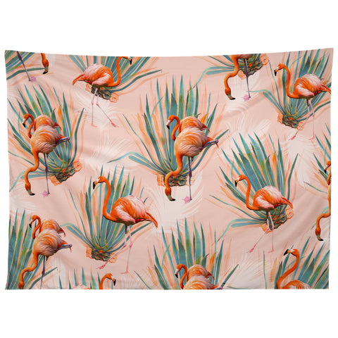 Marta Barragan Camarasa Flamingos pattern with cactus Tapestry