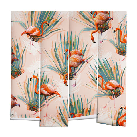 Marta Barragan Camarasa Flamingos pattern with cactus Wall Mural