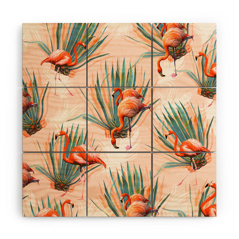 Marta Barragan Camarasa Flamingos pattern with cactus Wood Wall Mural