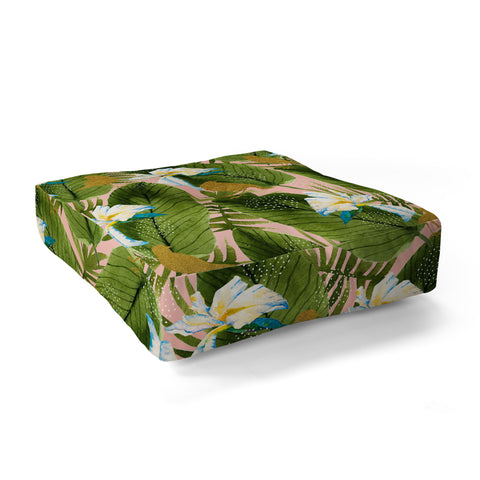 Marta Barragan Camarasa Golden birds in the rainforest Floor Pillow Square