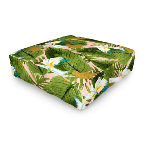 Marta Barragan Camarasa Golden birds in the rainforest Outdoor Floor Cushion