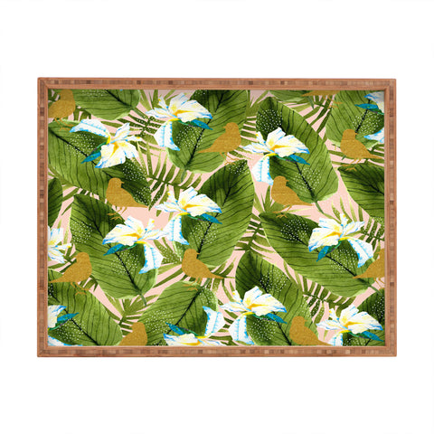 Marta Barragan Camarasa Golden birds in the rainforest Rectangular Tray