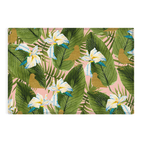 Marta Barragan Camarasa Golden birds in the rainforest Outdoor Rug