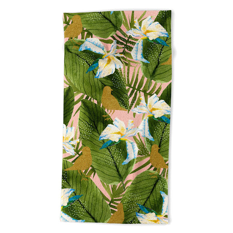 Marta Barragan Camarasa Golden birds in the rainforest Beach Towel
