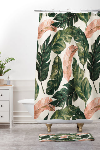Marta Barragan Camarasa Leaf green and pink Shower Curtain And Mat