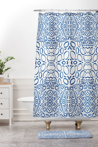 Marta Barragan Camarasa Mosaic brush strokes indigo Shower Curtain And Mat