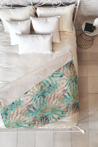 Marta Barragan Camarasa Pattern of monstera pink leaves Fleece Throw Blanket