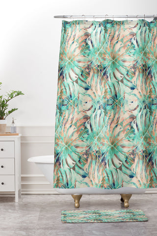 Marta Barragan Camarasa Pattern of monstera pink leaves Shower Curtain And Mat