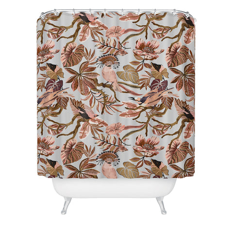Marta Barragan Camarasa Pink tropical birds landscape Shower Curtain