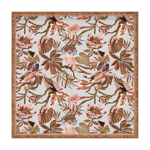 Marta Barragan Camarasa Pink tropical birds landscape Square Tray