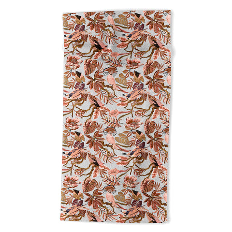 Marta Barragan Camarasa Pink tropical birds landscape Beach Towel