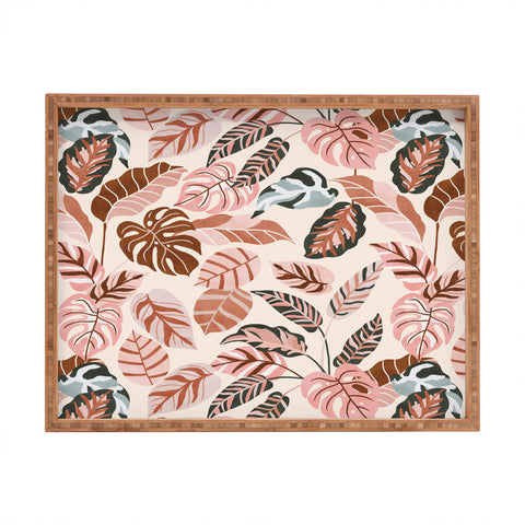 Marta Barragan Camarasa Pink tropical jungle leaves Rectangular Tray