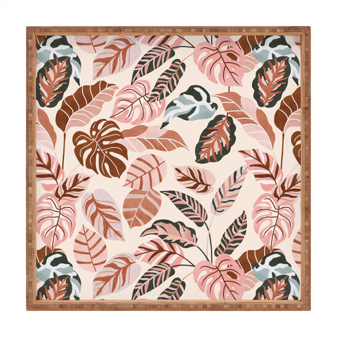 Marta Barragan Camarasa Pink tropical jungle leaves Square Tray