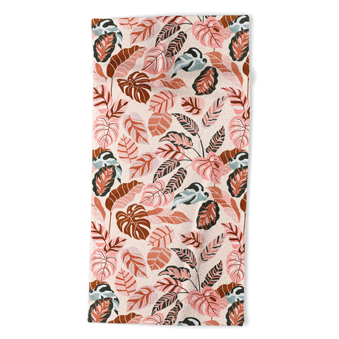 Marta Barragan Camarasa Pink tropical jungle leaves Beach Towel