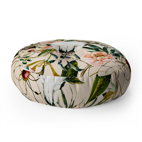 Marta Barragan Camarasa Romantic boho floral skull I Floor Pillow Round