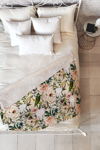 Marta Barragan Camarasa Romantic boho floral skull I Fleece Throw Blanket