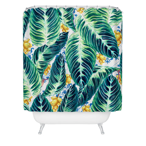 Marta Barragan Camarasa Tropical leaf on ornamental pattern Shower Curtain