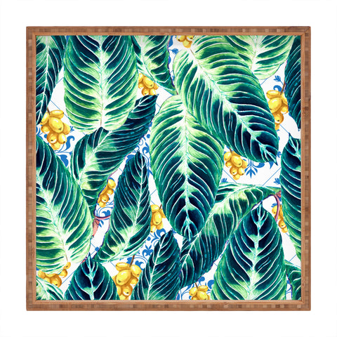 Marta Barragan Camarasa Tropical leaf on ornamental pattern Square Tray
