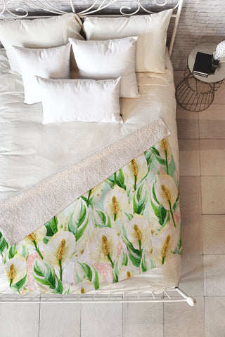Marta Barragan Camarasa White Watercolor Exotic Flowers Fleece Throw Blanket