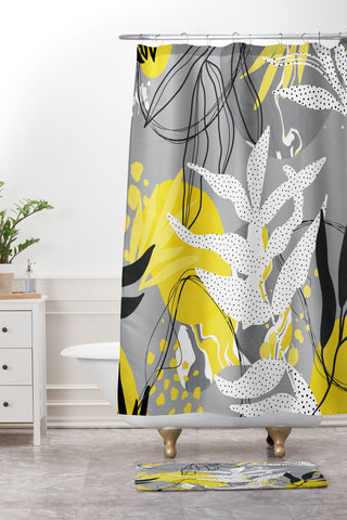 Marta Barragan Camarasa Yellow gray tropical abstract Shower Curtain And Mat
