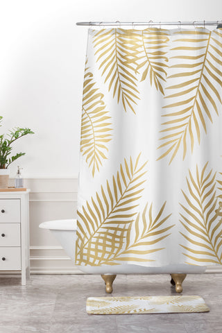 Marta Olga Klara Gold palm leaves Shower Curtain And Mat