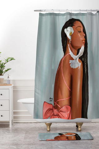 mary joak Girl in a bow Shower Curtain And Mat