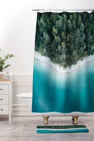 Michael Schauer Green and Blue Symmetry Shower Curtain And Mat