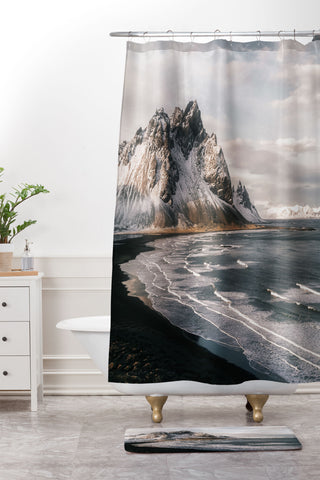 Michael Schauer Stokksnes Icelandic Mountain Beach Sunset Shower Curtain And Mat