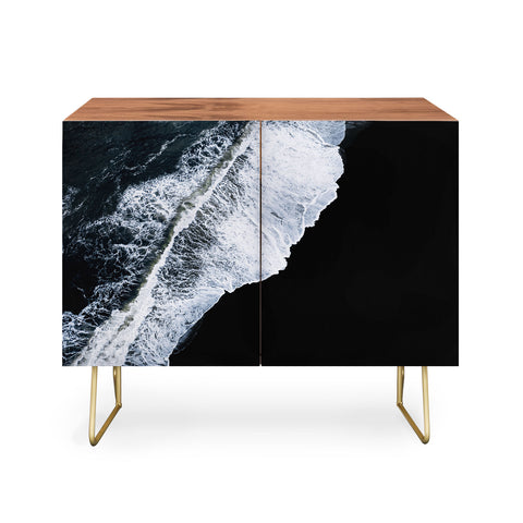 Michael Schauer Waves crashing on a black sand beach Credenza