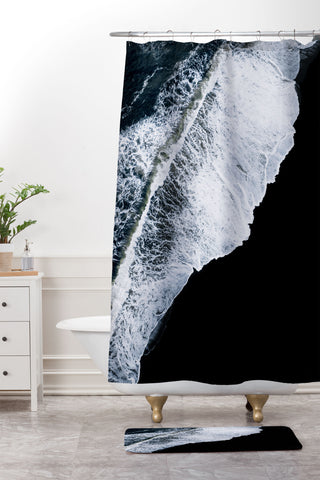 Michael Schauer Waves crashing on a black sand beach Shower Curtain And Mat