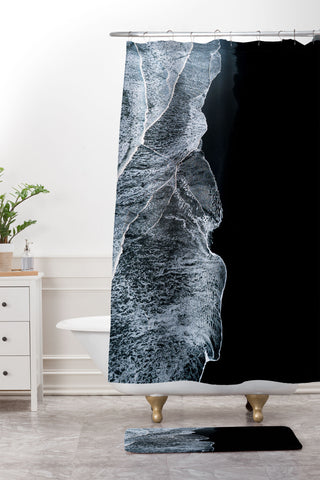 Michael Schauer Waves on a black sand beach Shower Curtain And Mat