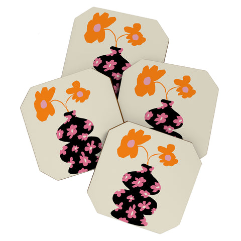 Miho Black floral Vase Coaster Set