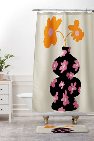 Miho Black floral Vase Shower Curtain And Mat
