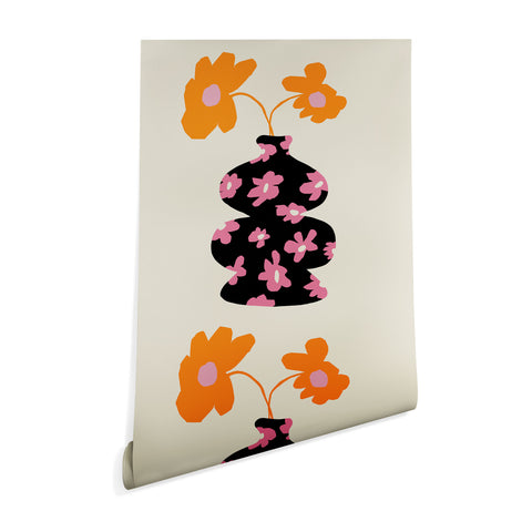 Miho Black floral Vase Wallpaper