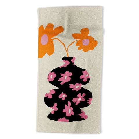 Miho Black floral Vase Beach Towel