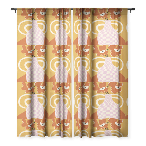 Miho Checkered retro flower pot Sheer Window Curtain
