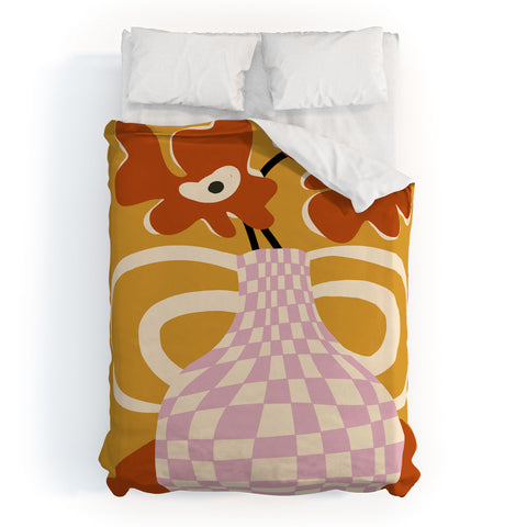 Miho Checkered retro flower pot Duvet Cover