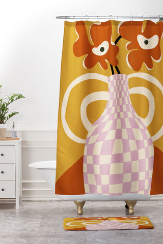 Miho Checkered retro flower pot Shower Curtain And Mat