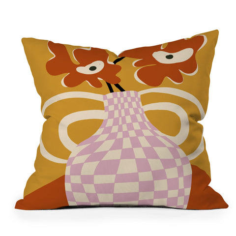 Miho Checkered retro flower pot Throw Pillow