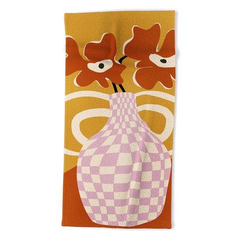 Miho Checkered retro flower pot Beach Towel