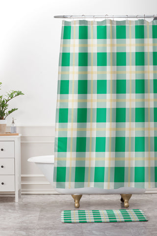 Miho green vintage gingham Shower Curtain And Mat