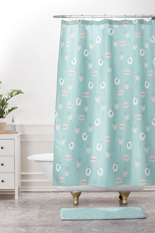 Mirimo Minimal Floral Light Blue Shower Curtain And Mat