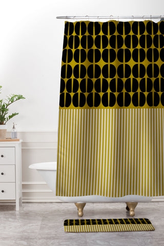 Mirimo Moderno Black and Mustard Shower Curtain And Mat