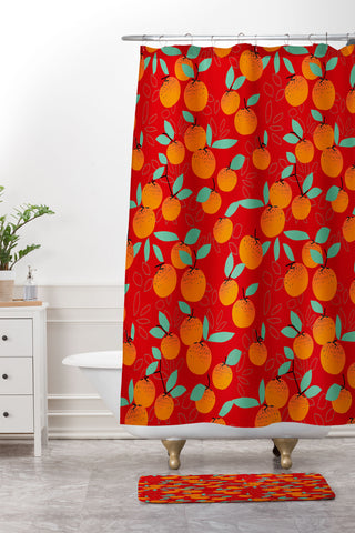 Mirimo Oranges on Red Shower Curtain And Mat
