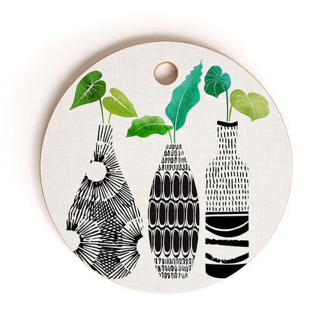 Modern Tropical Black and White Tribal Vases Cutting Board Round