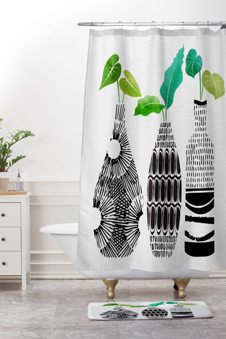 Modern Tropical Black and White Tribal Vases Shower Curtain And Mat