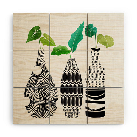 Modern Tropical Black and White Tribal Vases Wood Wall Mural