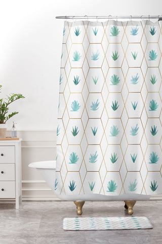 Modern Tropical Geometric Succulents Shower Curtain And Mat