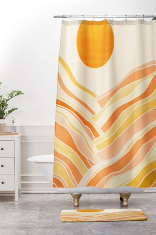 Modern Tropical Golden Mountain Sunset Shower Curtain And Mat
